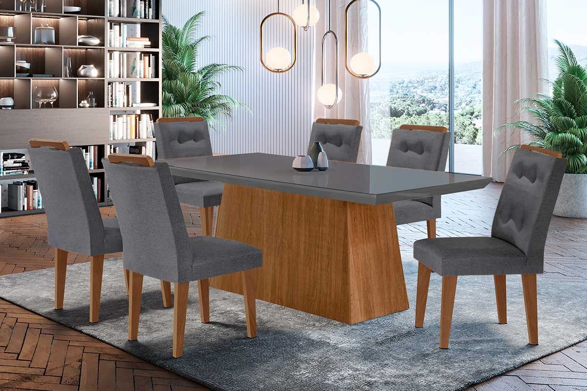 Sala de Jantar Completa Luna c/ Tampo de Vidro Canto Curvo 180x90cm e 6 cadeiras Imperatriz - Rufato