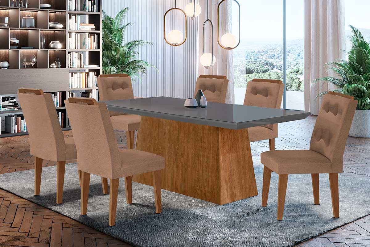 Sala de Jantar Completa Luna c/ Tampo de Vidro Canto Curvo 180x90cm e 6 cadeiras Imperatriz - Rufato