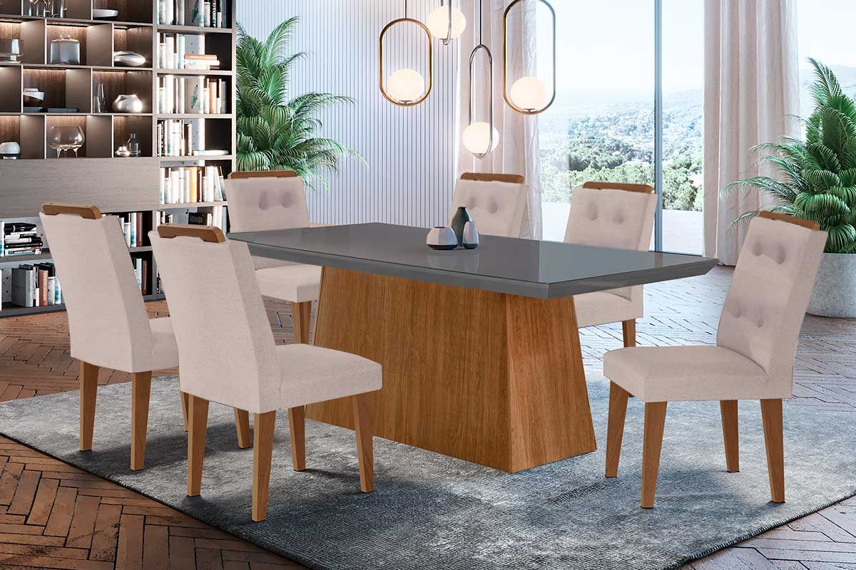 Sala de Jantar Completa Luna c/ Tampo de Vidro Canto Curvo 180x90cm e 6 cadeiras Imperatriz - Rufato