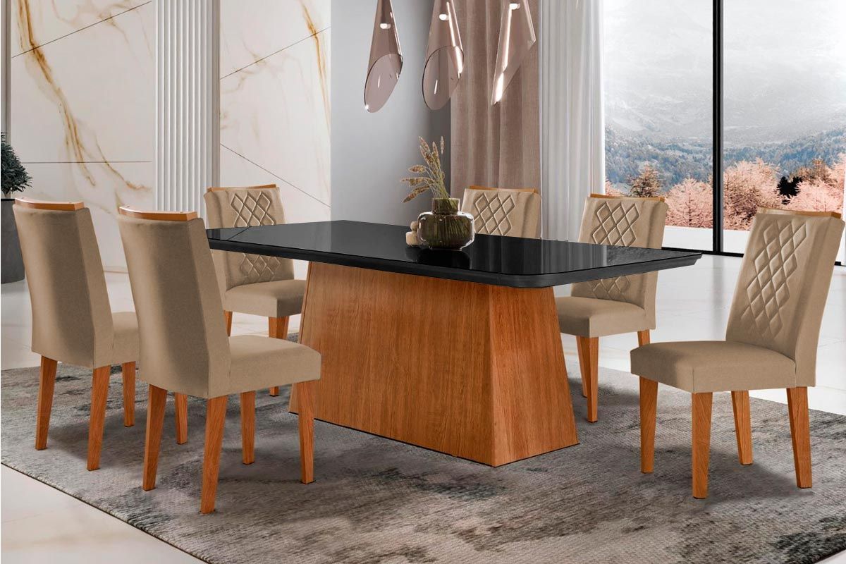 Sala de Jantar Completa Luna c/ Tampo de Vidro Canto Curvo 180x90cm e 6 cadeiras Jade - Rufato