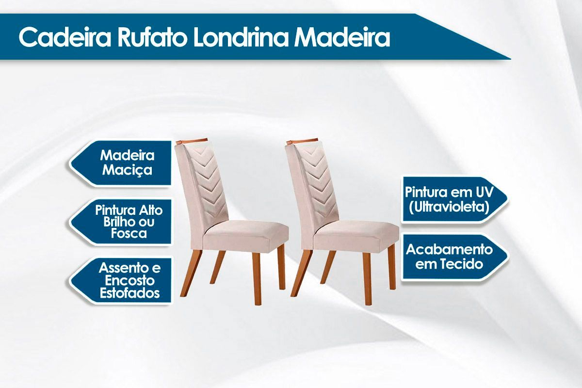 Sala Jantar Mesa Luna c/ Tampo de Vidro Canto Curvo 180x90cm e 6 cadeiras Londrina - Rufato