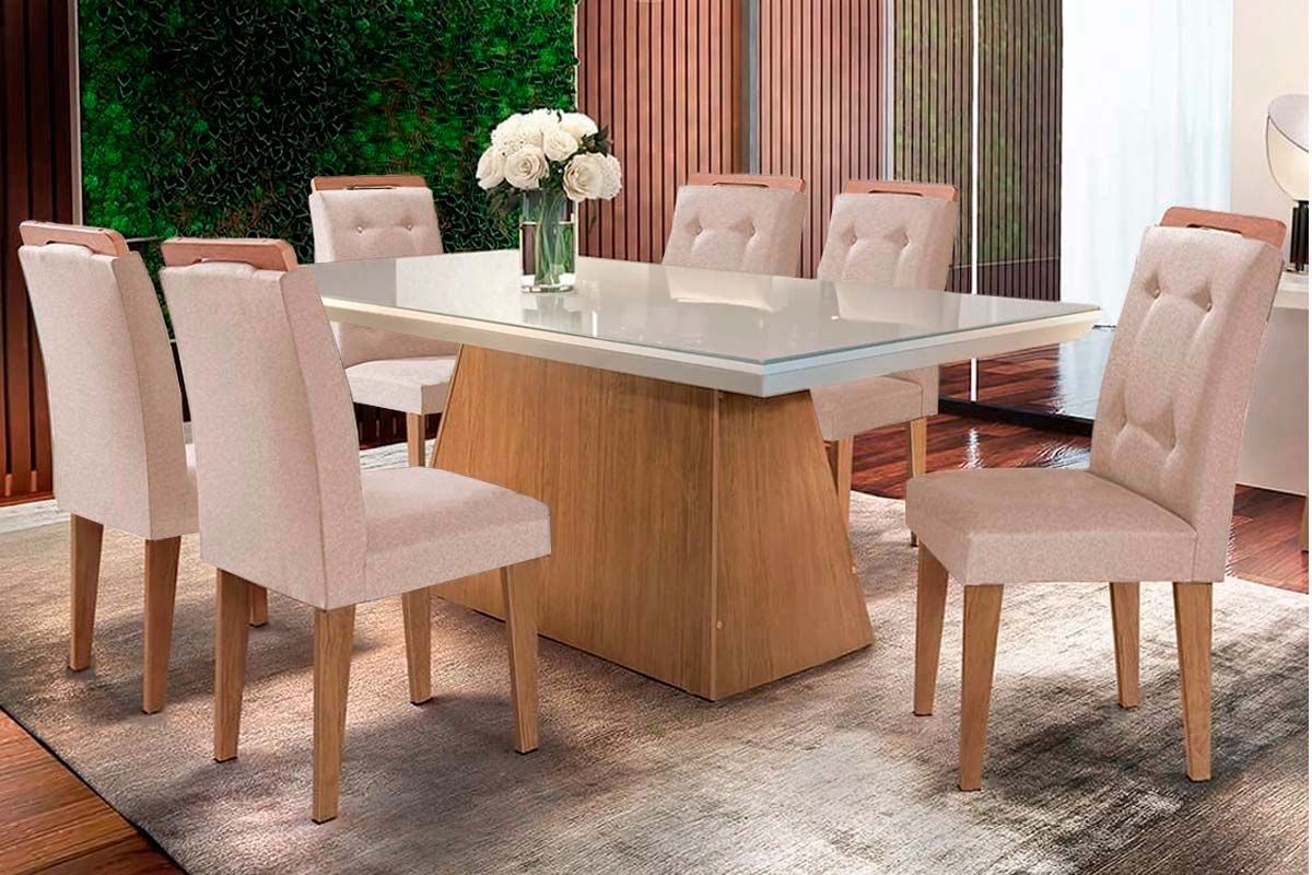 Sala de Jantar Completa Luna c/ Tampo de Vidro Canto Curvo 180x90cm e 6 cadeiras Imperatriz - Rufato