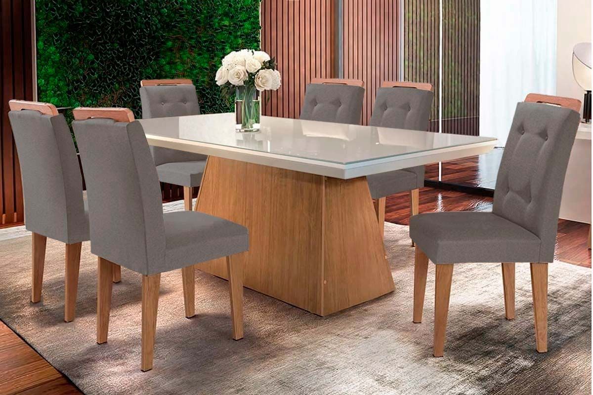 Sala de Jantar Completa Luna c/ Tampo de Vidro Canto Curvo 180x90cm e 6 cadeiras Imperatriz - Rufato