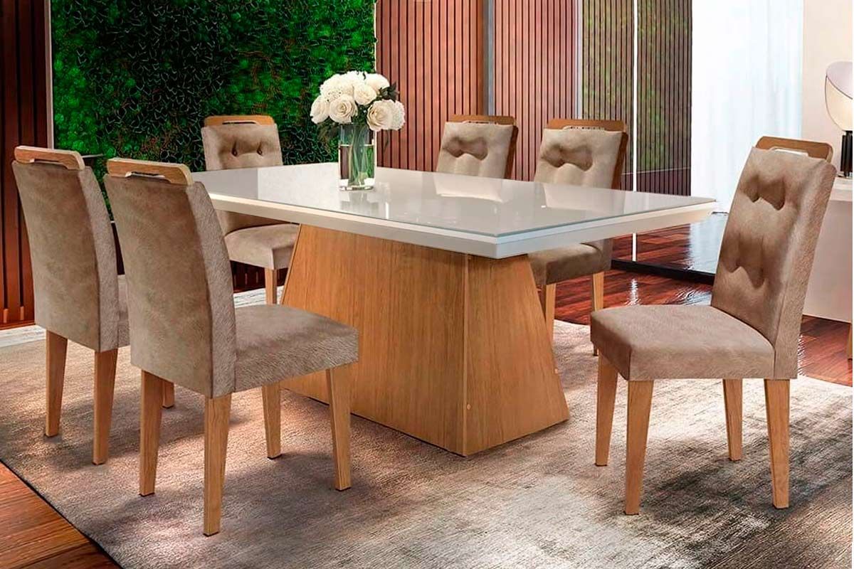 Sala de Jantar Completa Luna c/ Tampo de Vidro Canto Curvo 180x90cm e 6 cadeiras Imperatriz - Rufato