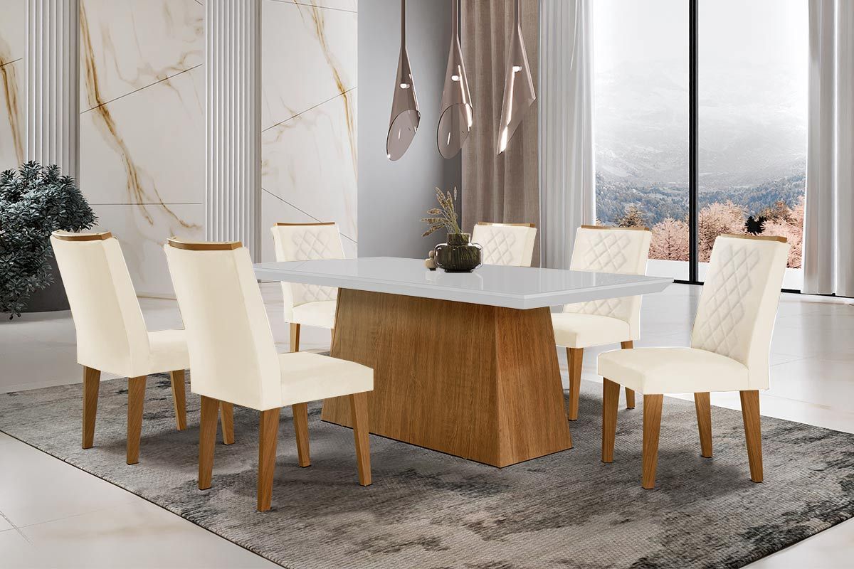 Sala de Jantar Completa Luna c/ Tampo de Vidro Canto Curvo 180x90cm e 6 cadeiras Jade - Rufato