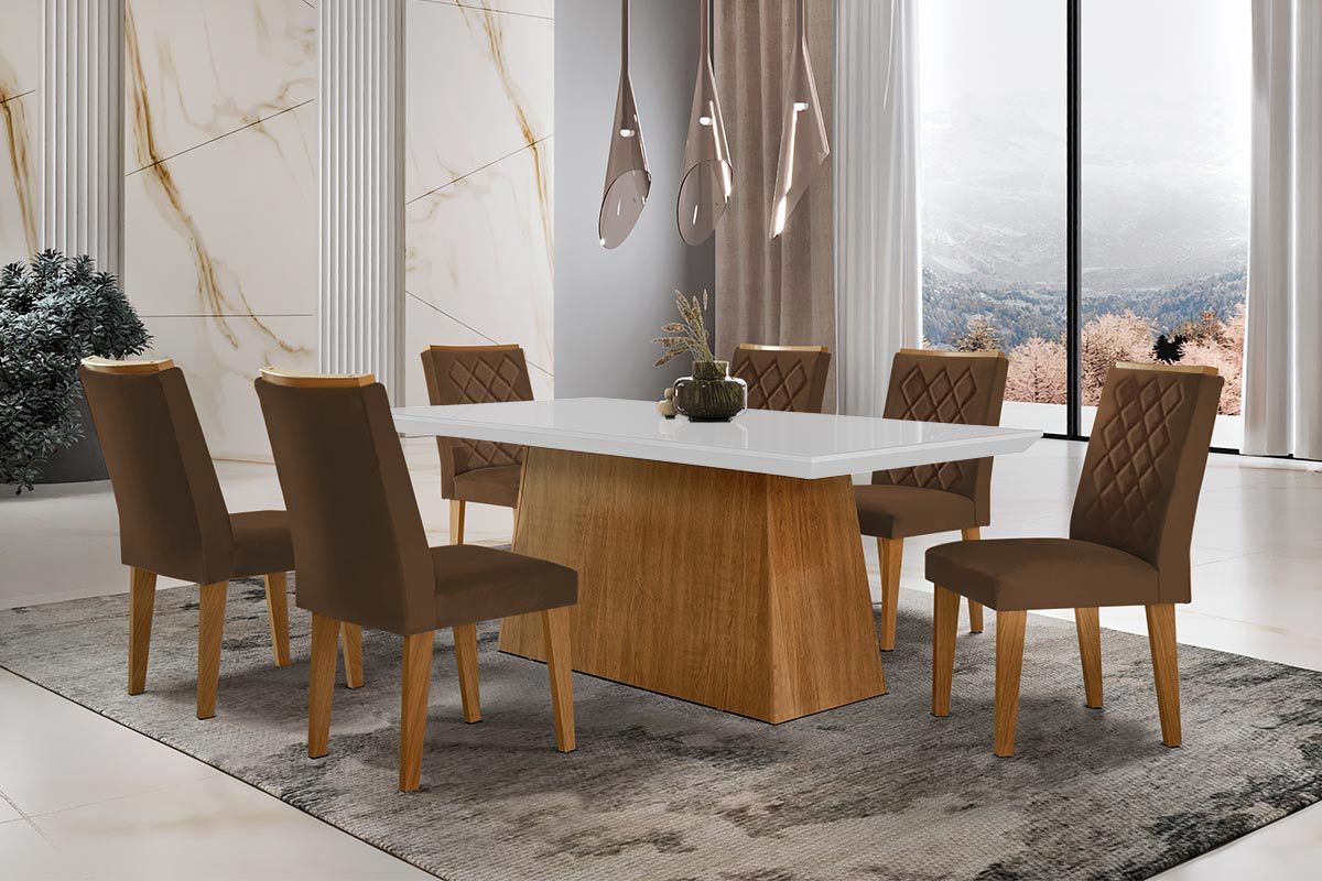 Sala de Jantar Completa Luna c/ Tampo de Vidro Canto Curvo 180x90cm e 6 cadeiras Jade - Rufato