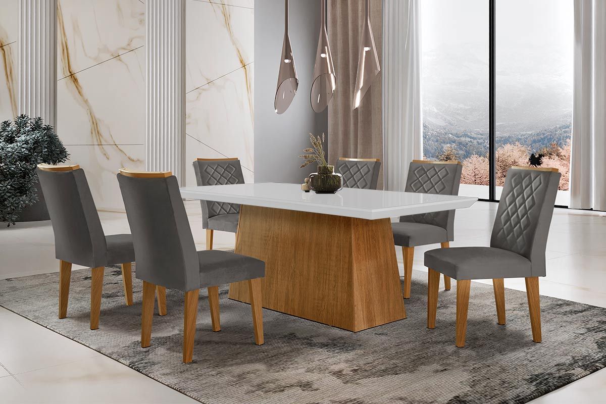 Sala de Jantar Completa Luna c/ Tampo de Vidro Canto Curvo 180x90cm e 6 cadeiras Jade - Rufato