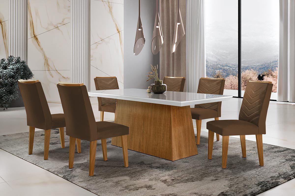 Sala Jantar Mesa Luna c/ Tampo de Vidro Canto Curvo 180x90cm e 6 cadeiras Londrina - Rufato