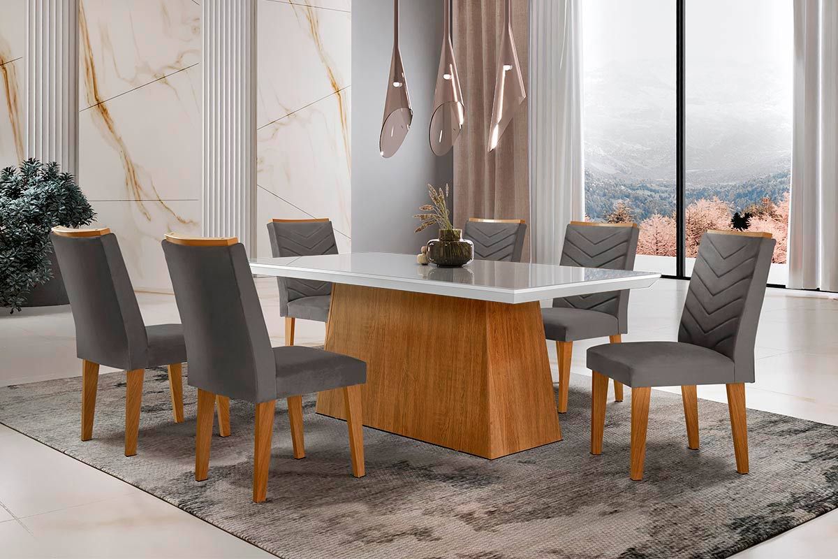 Sala Jantar Mesa Luna c/ Tampo de Vidro Canto Curvo 180x90cm e 6 cadeiras Londrina - Rufato