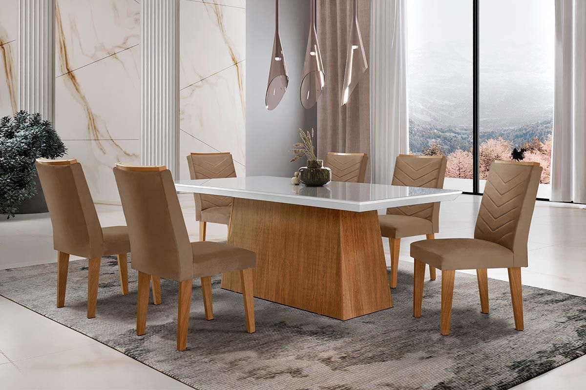 Sala Jantar Mesa Luna c/ Tampo de Vidro Canto Curvo 180x90cm e 6 cadeiras Londrina - Rufato