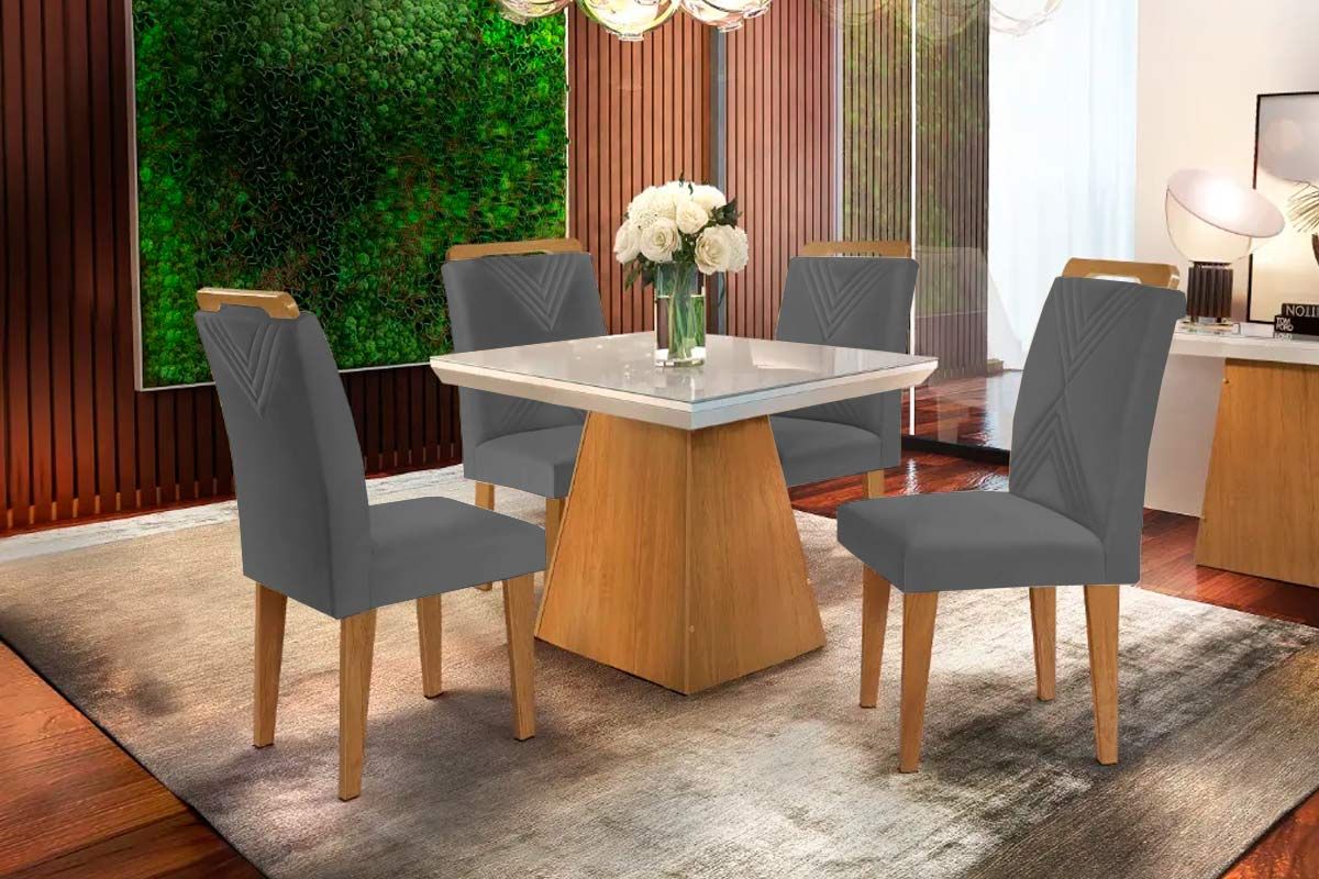 Sala de Jantar Completa Luna c/ Tampo Madeirado c/ Vidro Canto Curvo 90x90cm e 4 cadeiras Amsterdã - Rufato