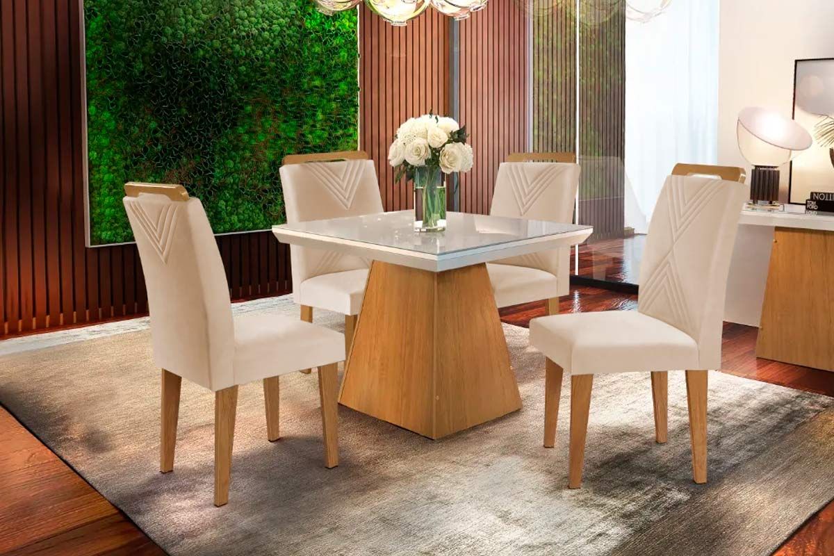 Sala de Jantar Completa Luna c/ Tampo Madeirado c/ Vidro Canto Curvo 90x90cm e 4 cadeiras Amsterdã - Rufato