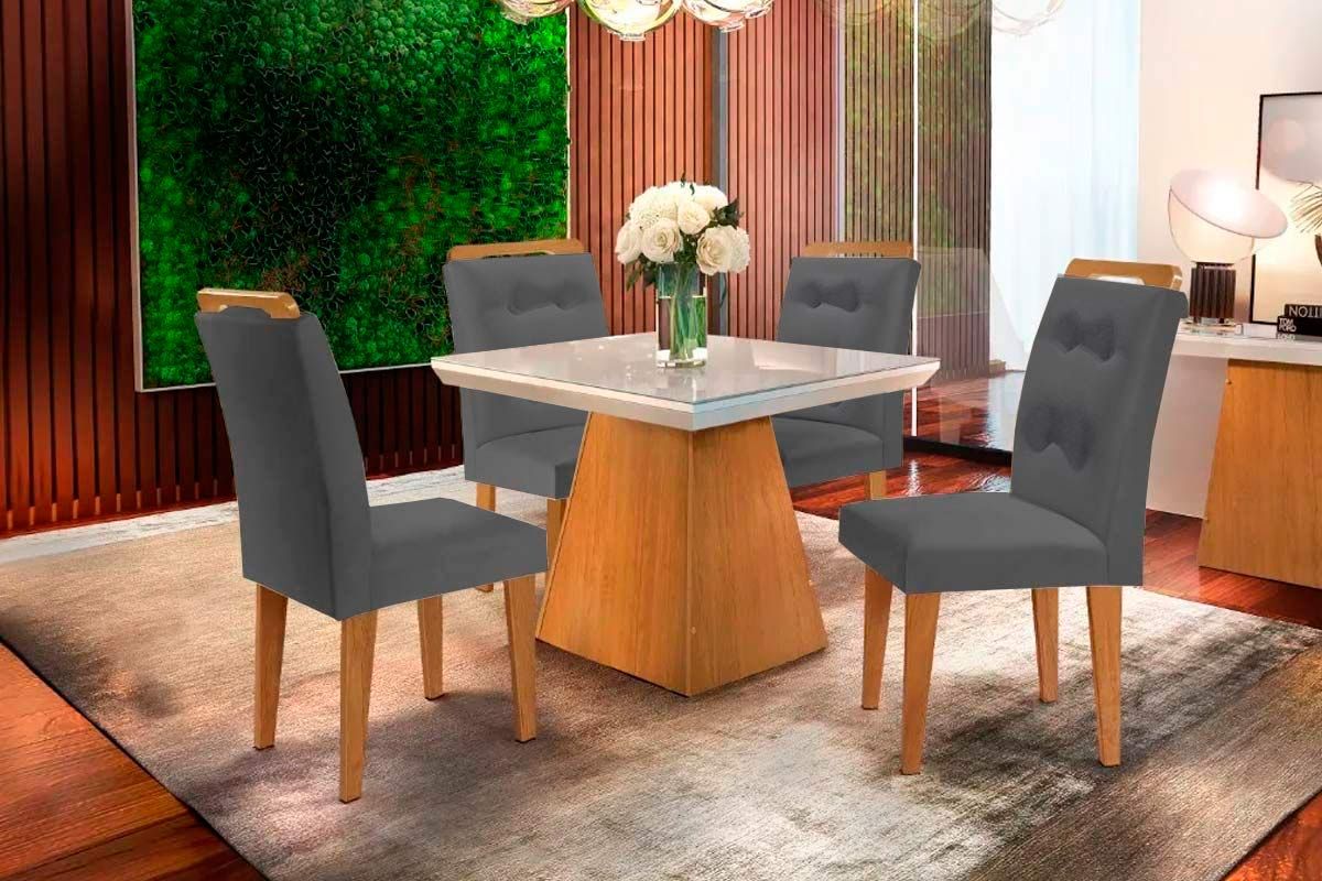 Sala de Jantar Completa Luna c/ Tampo Madeirado c/ Vidro Canto Curvo 90x90cm e 4 cadeiras Imperatriz - Rufato