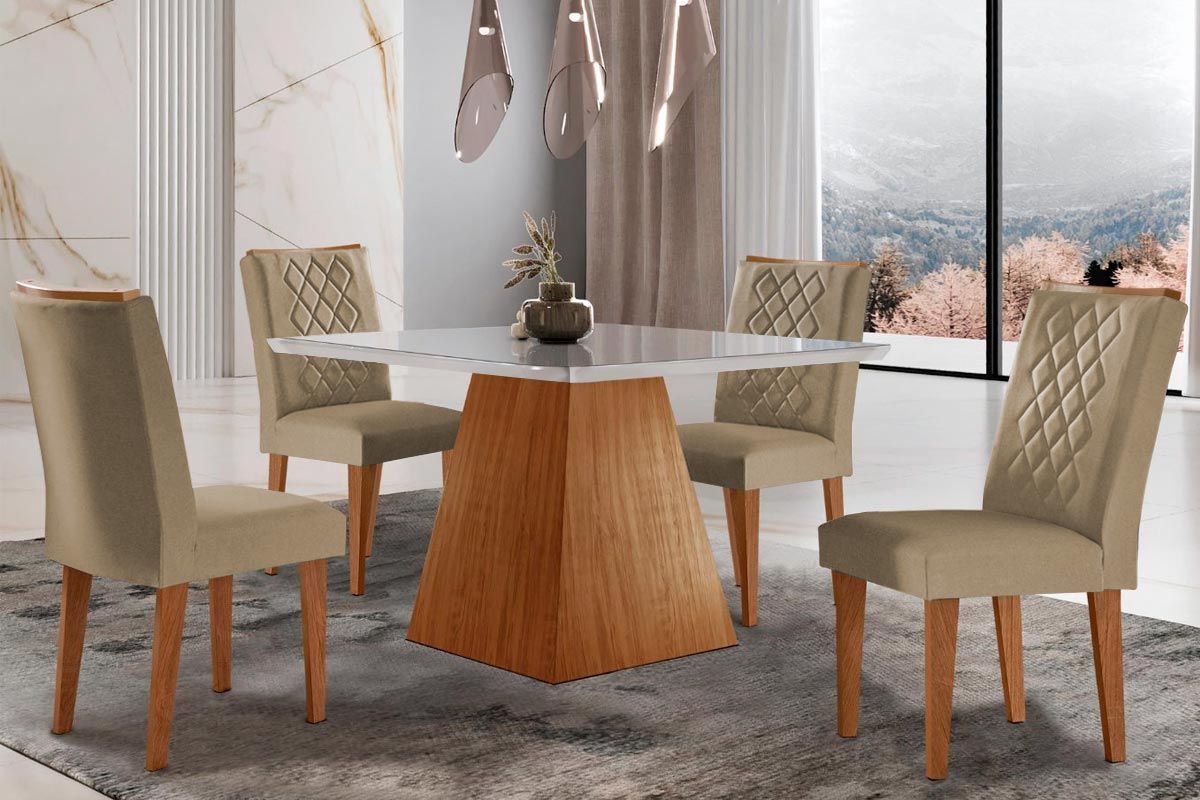 Sala de Jantar Completa Luna c/ Tampo Madeirado c/ Vidro Canto Curvo 90x90cm e 4 cadeiras Jade - Rufato