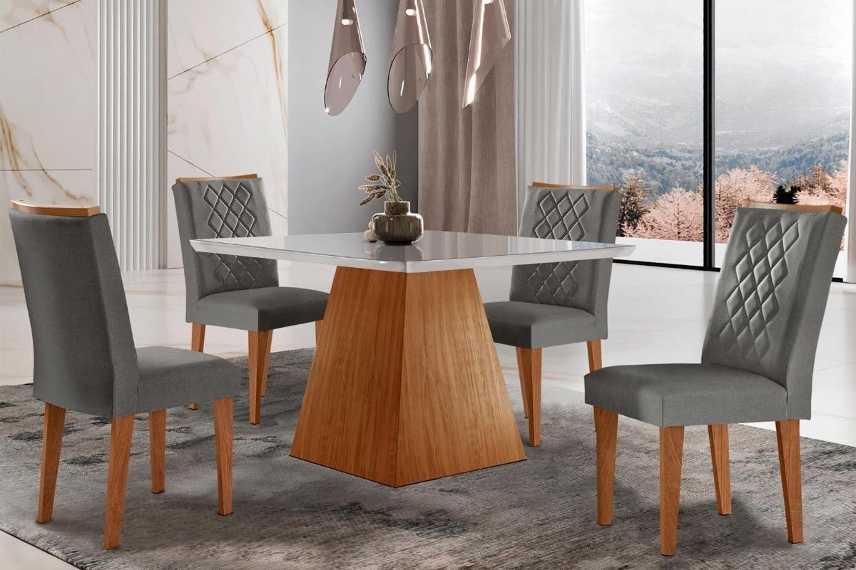 Sala de Jantar Completa Luna c/ Tampo Madeirado c/ Vidro Canto Curvo 90x90cm e 4 cadeiras Jade - Rufato