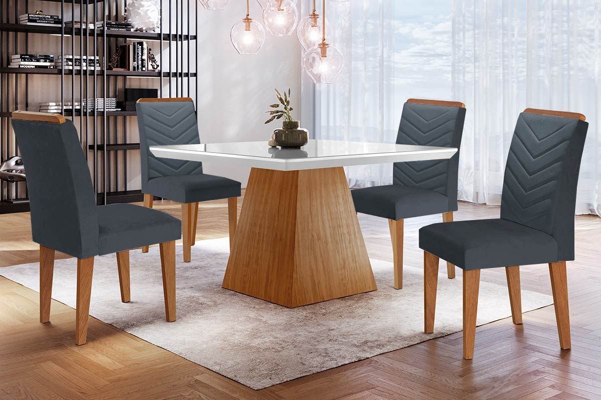 Sala Jantar Mesa Luna c/ Tampo Madeirado c/ Vidro Canto Curvo 90x90cm e 4 cadeiras Londrina - Rufato