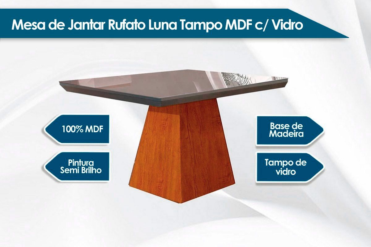 Sala Jantar Mesa Luna c/ Tampo Madeirado c/ Vidro Canto Curvo 90x90cm e 4 cadeiras Londrina - Rufato
