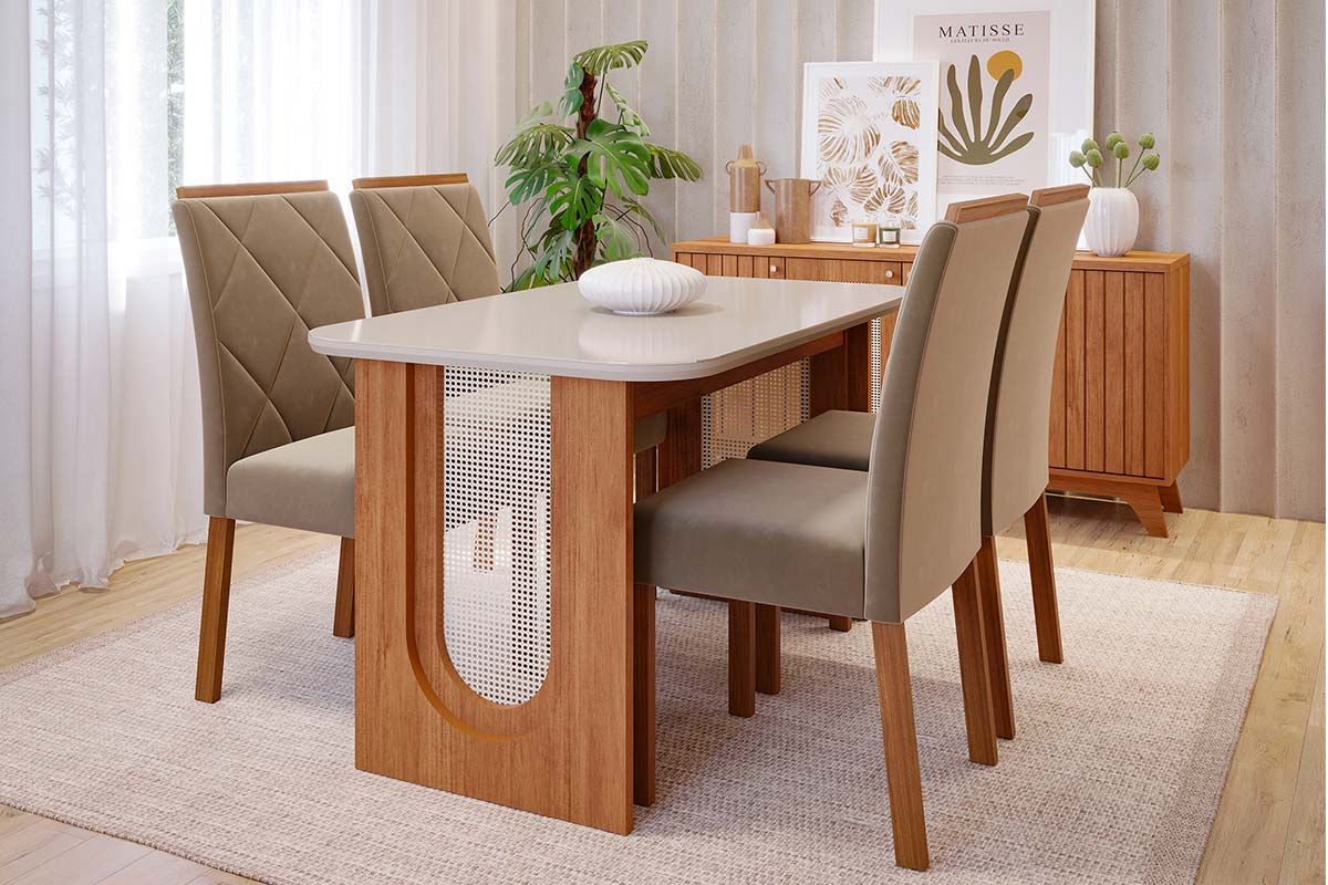 Sala Jantar Mesa Valentina Tampo Madeirado c/ Vidro 130x80cm e 4 Cadeiras Fernanda - Cimol