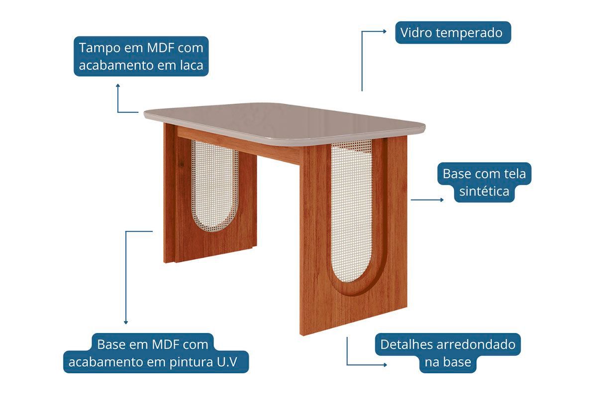 Sala Jantar Mesa Valentina Tampo Madeirado c/ Vidro 130x80cm e 4 Cadeiras Fernanda - Cimol