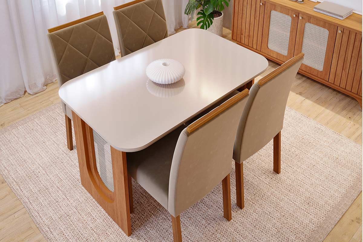 Sala Jantar Mesa Valentina Tampo Madeirado c/ Vidro 130x80cm e 4 Cadeiras Fernanda - Cimol