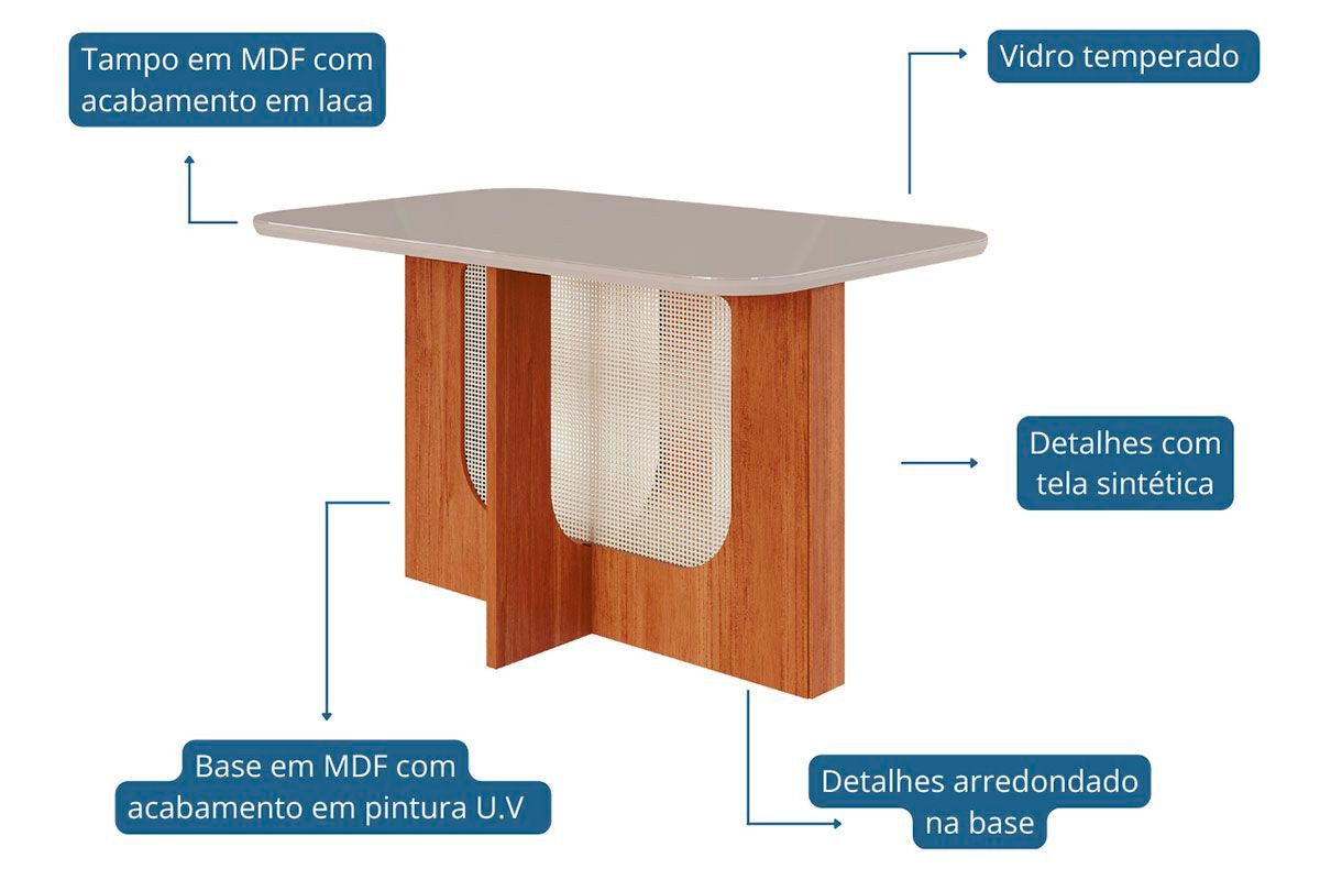 Sala Jantar Mesa Louise Tampo Madeirado c/ Vidro 130x80cm e 4 Cadeiras Paola - Cimol