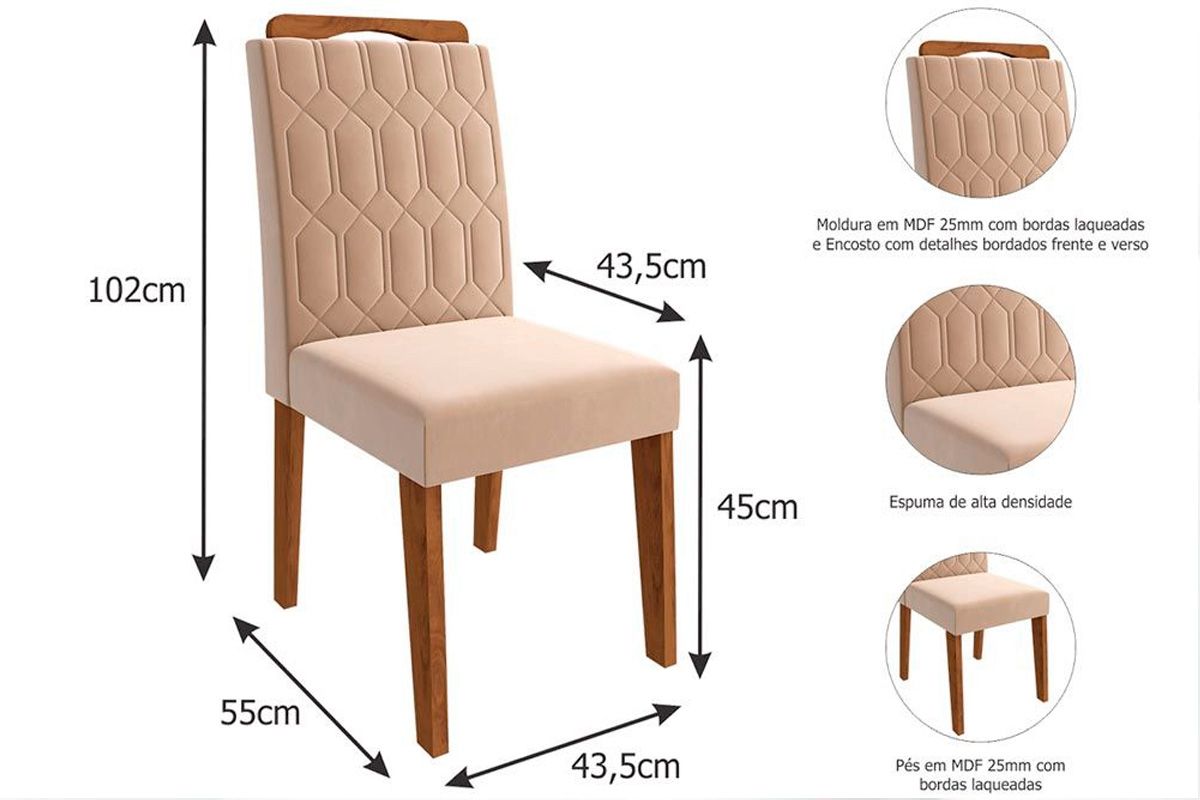 Sala Jantar Mesa Louise Tampo Madeirado c/ Vidro 130x80cm e 4 Cadeiras Paola - Cimol