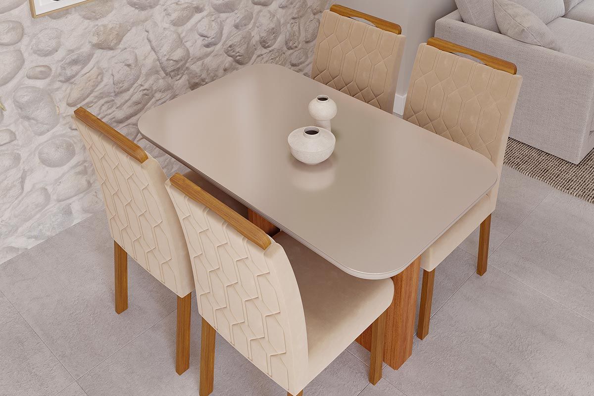 Sala Jantar Mesa Louise Tampo Madeirado c/ Vidro 130x80cm e 4 Cadeiras Paola - Cimol
