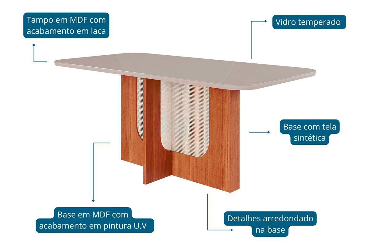 Sala Jantar Mesa Louise Tampo Madeirado c/ Vidro 160x80cm e 6 Cadeiras Fernanda - Cimol