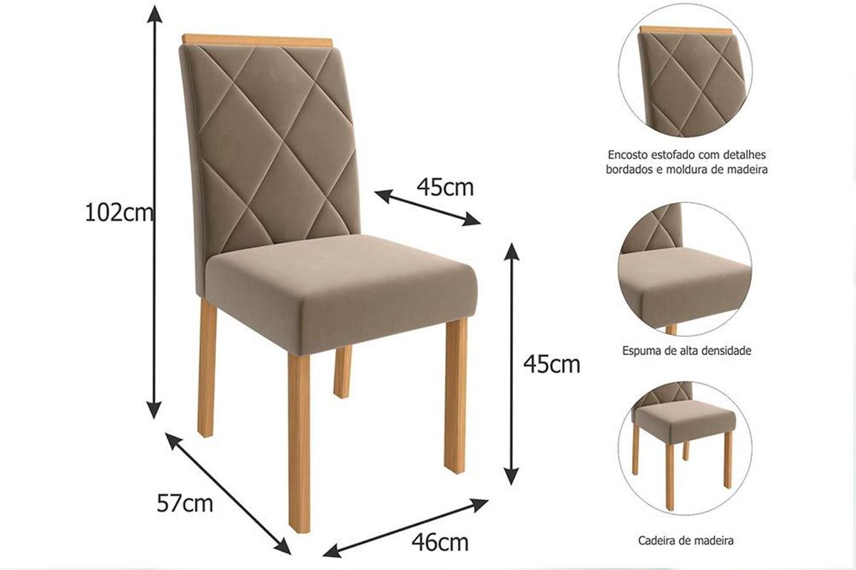 Sala Jantar Mesa Louise Tampo Madeirado c/ Vidro 160x80cm e 6 Cadeiras Fernanda - Cimol