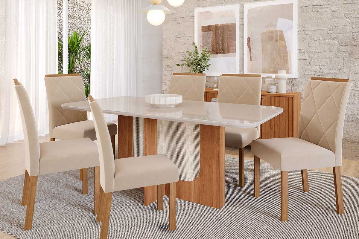 Sala Jantar Mesa Louise Tampo Madeirado c/ Vidro 160x80cm e 6 Cadeiras Fernanda - Cimol