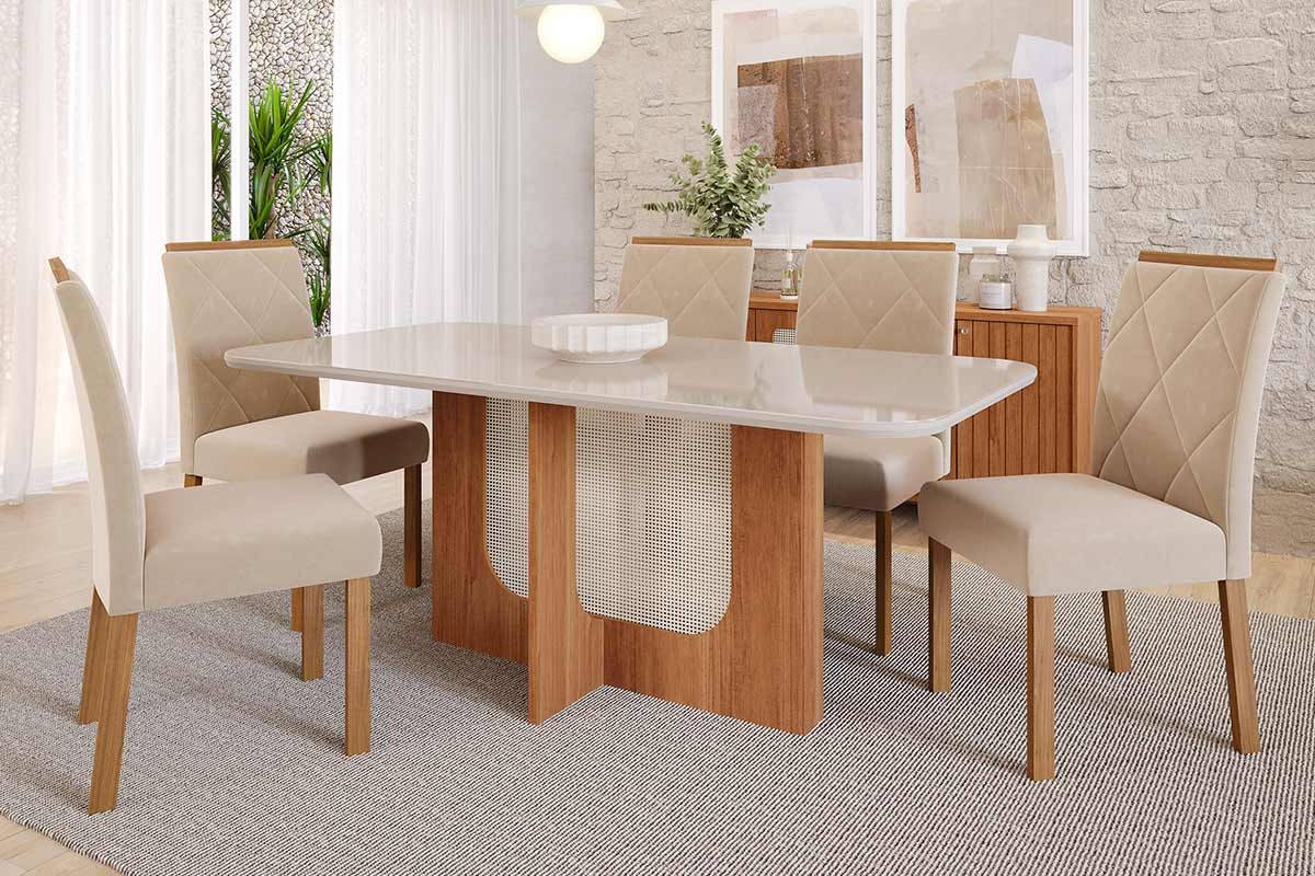 Sala Jantar Mesa Louise Tampo Madeirado c/ Vidro 180x90cm e 6 Cadeiras Fernanda - Cimol