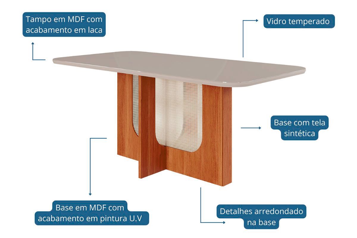 Sala Jantar Mesa Louise Tampo Madeirado c/ Vidro 180x90cm e 6 Cadeiras Fernanda - Cimol