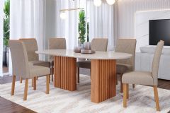Sala Jantar Mesa Ester Tampo Madeirado Oval c/ Vidro 210x100cm e 6 Cadeiras Fernanda - Cimol
