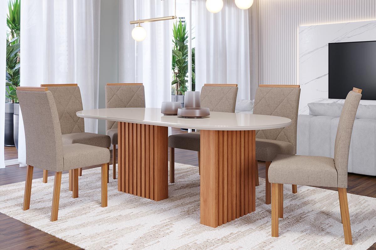 Sala Jantar Mesa Ester Tampo Madeirado Oval c/ Vidro 210x100cm e 6 Cadeiras Fernanda - Cimol