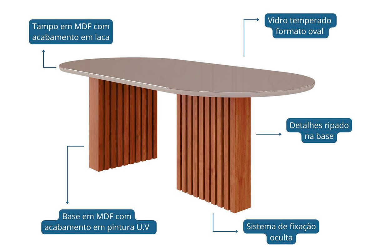Sala Jantar Mesa Ester Tampo Madeirado Oval c/ Vidro 210x100cm e 6 Cadeiras Fernanda - Cimol