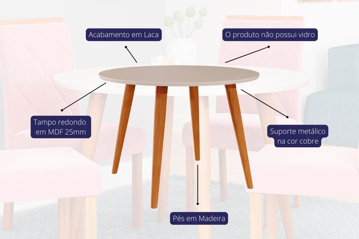 Sala Jantar Mesa Dani Tampo Madeirado 110cm e 4 Cadeiras Fernanda - Cimol