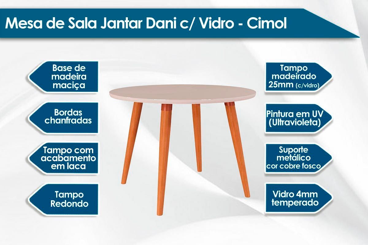 Sala Jantar Mesa Dani Tampo Madeirado c/ Vidro 109cm e 4 Cadeiras Fernanda - Cimol