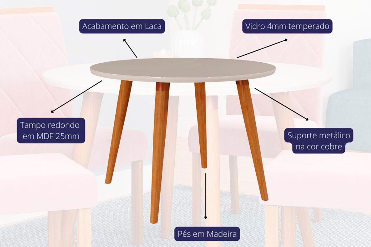 Sala Jantar Mesa Dani Tampo Madeirado c/ Vidro 109cm e 4 Cadeiras Fernanda - Cimol