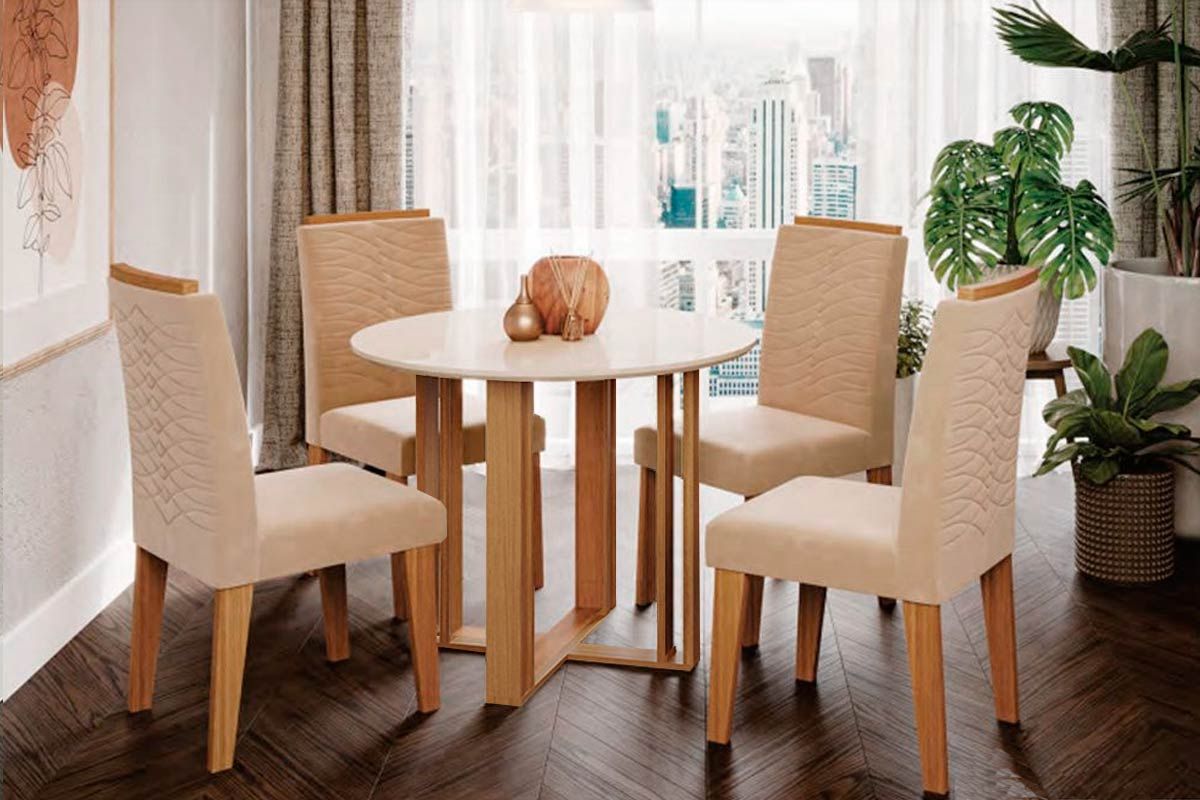 Sala Jantar Mesa Flora c/ Tampo Madeirado 109cm e 4 Cadeiras Clarice - Cimol