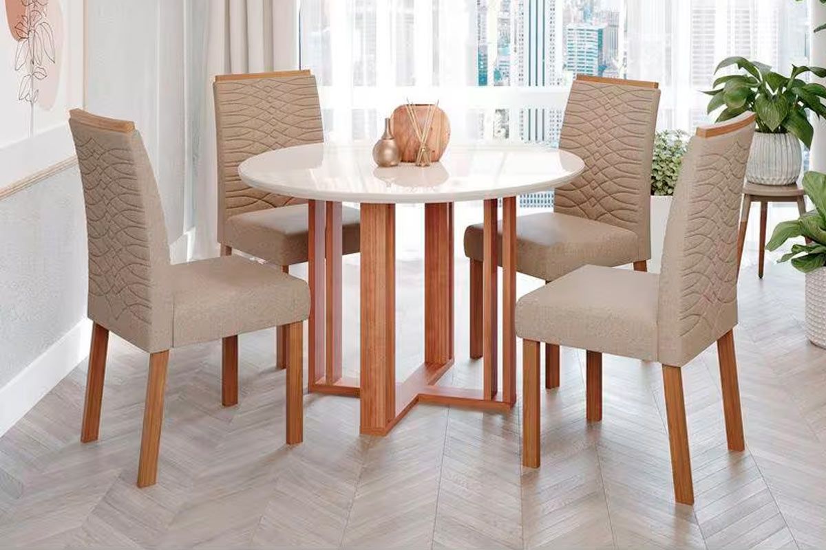 Sala Jantar Mesa Flora c/ Tampo Madeirado c/ Vidro 109cm e 4 Cadeiras Clarice - Cimol