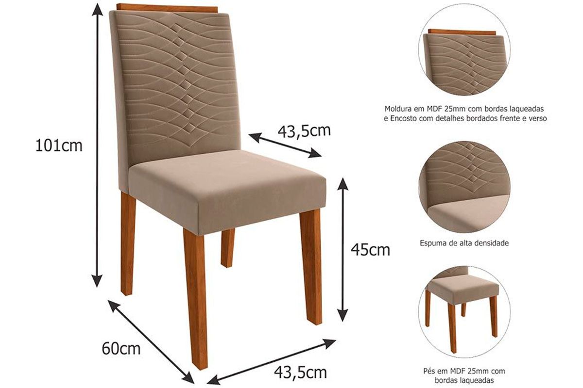 Sala Jantar Mesa Flora c/ Tampo Madeirado c/ Vidro 109cm e 4 Cadeiras Clarice - Cimol
