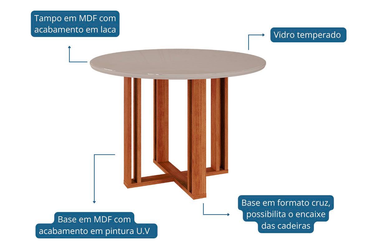 Sala Jantar Mesa Flora c/ Tampo Madeirado c/ Vidro 109cm e 4 Cadeiras Nicole - Cimol
