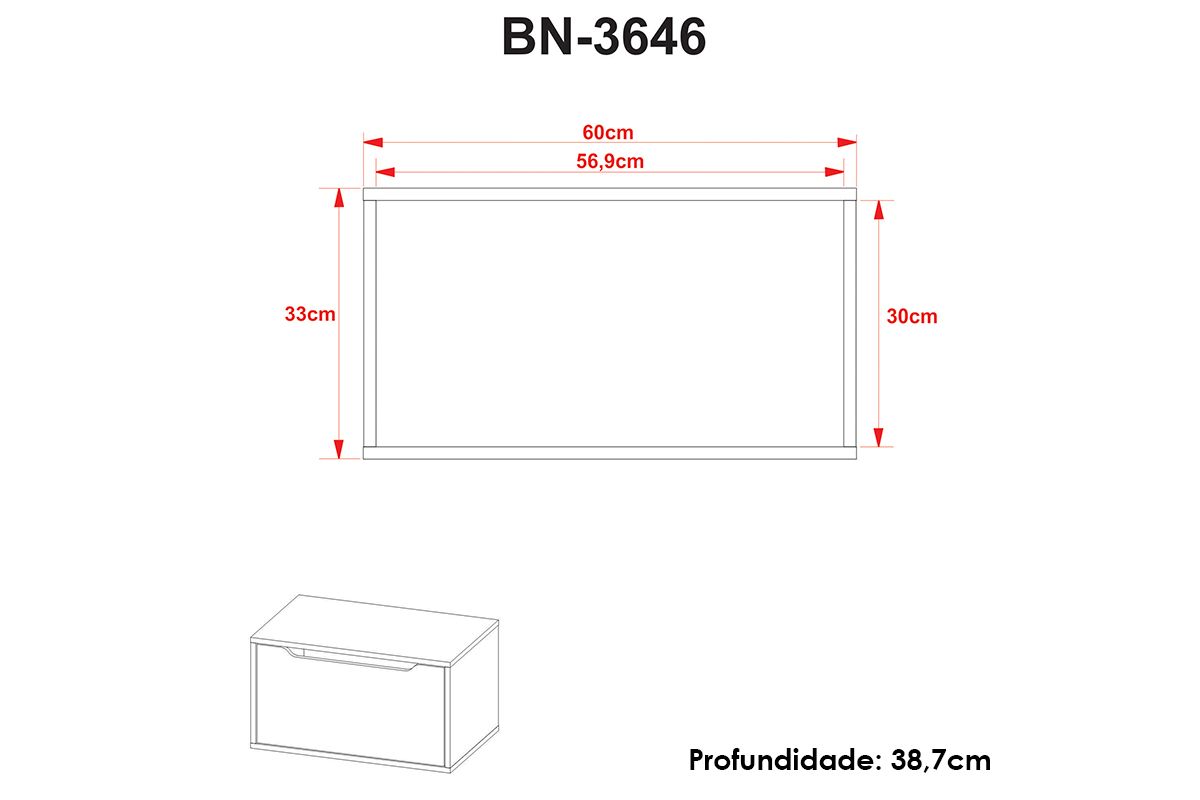Conjunto Banheiro Balcão Suspenso BN3646 e Balcão c/Rodízios BN3647 60cm e Armário c/Espelho BN3648 60cm Tecno Mobili