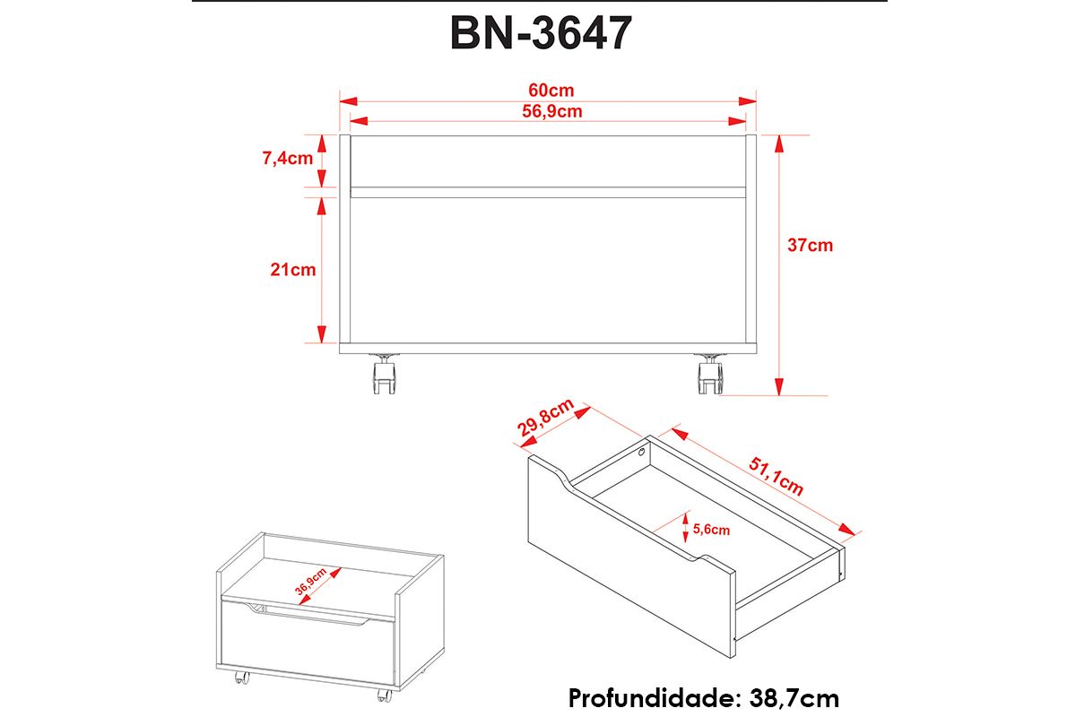 Conjunto Banheiro Balcão Suspenso BN3646 e Balcão c/Rodízios BN3647 60cm e Armário c/Espelho BN3648 60cm Tecno Mobili