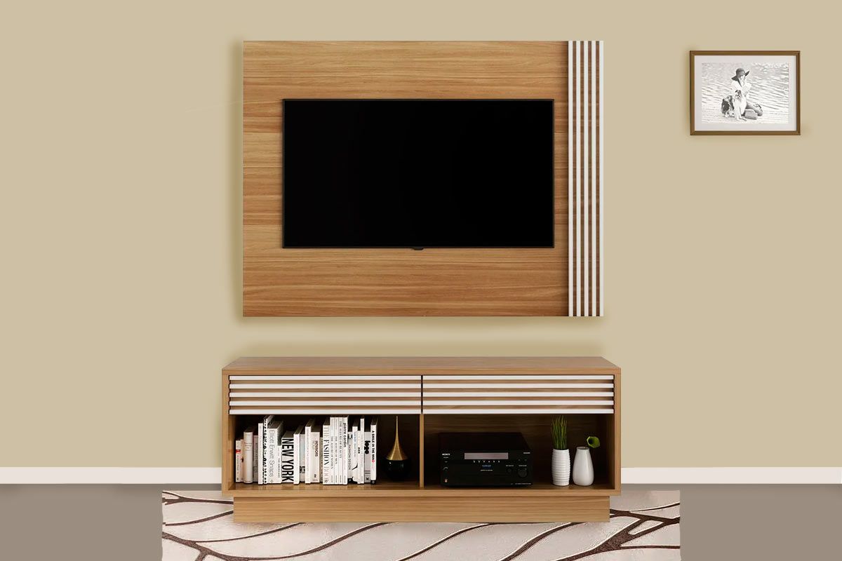 Rack Bancada c/Painel p/ TV até 42 Pol PL3004/RA2003 Ripado 2 Gavetas 115x150cm - Tecno Mobili