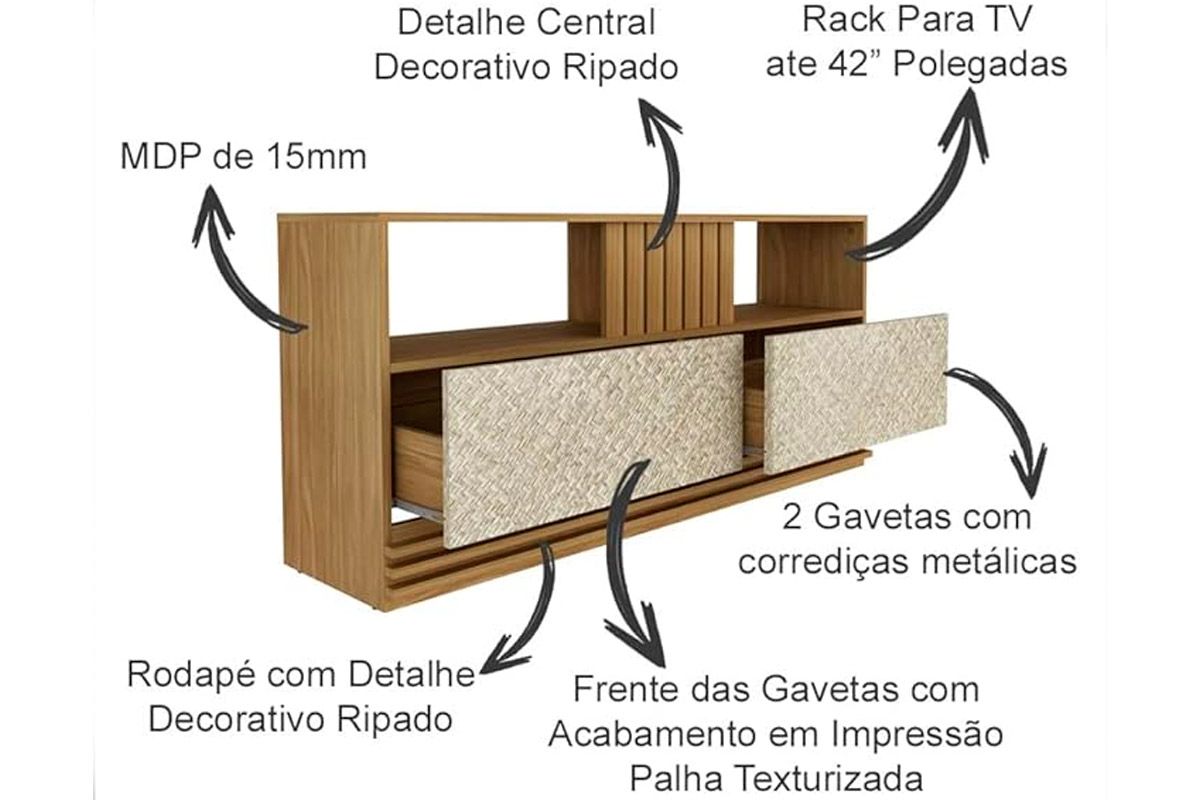 Rack Bancada c/ Painel p/ TV até 50 Pol PA2913/R1479 2 Gavetas 136x88cm - Tecno Mobili