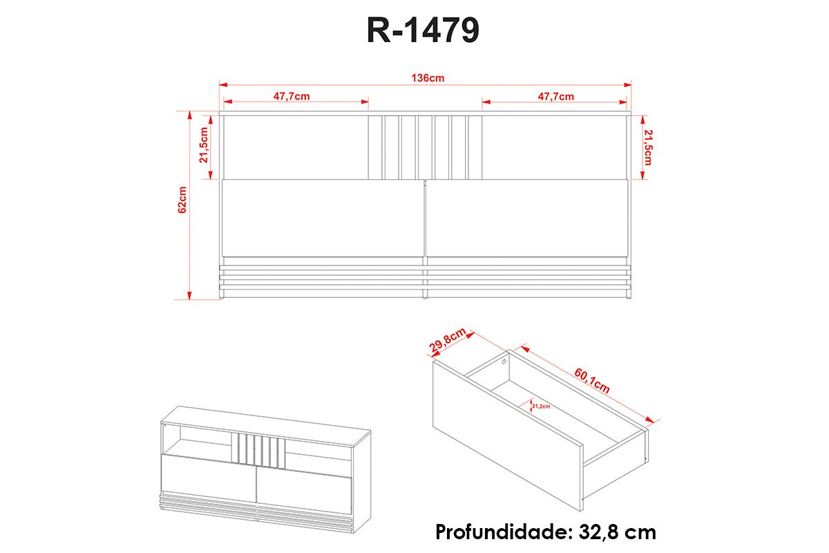 Rack Bancada c/ Painel p/ TV até 50 Pol PA2913/R1479 2 Gavetas 136x88cm - Tecno Mobili