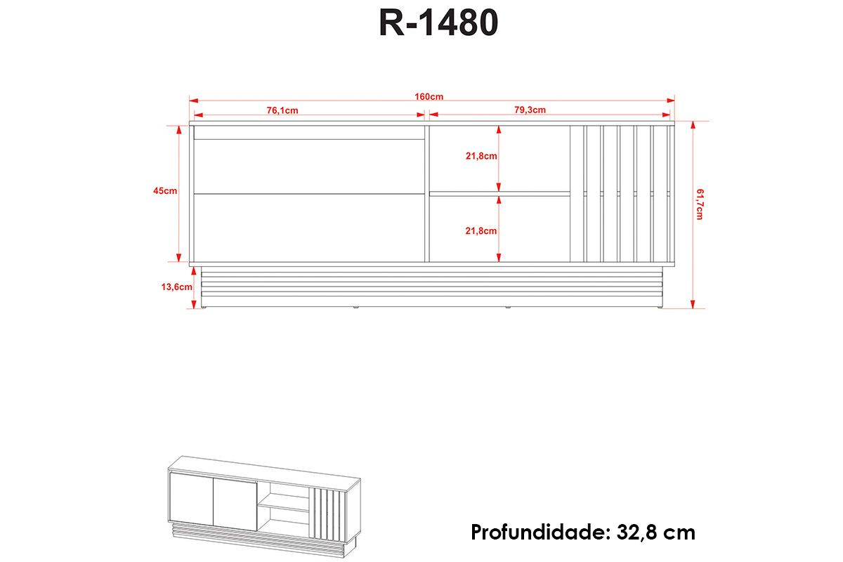 Rack Bancada c/ Painel p/ TV até 65 Pol PA2914/R1480 Ripado 2 Portas 160x102cm - Tecno Mobili