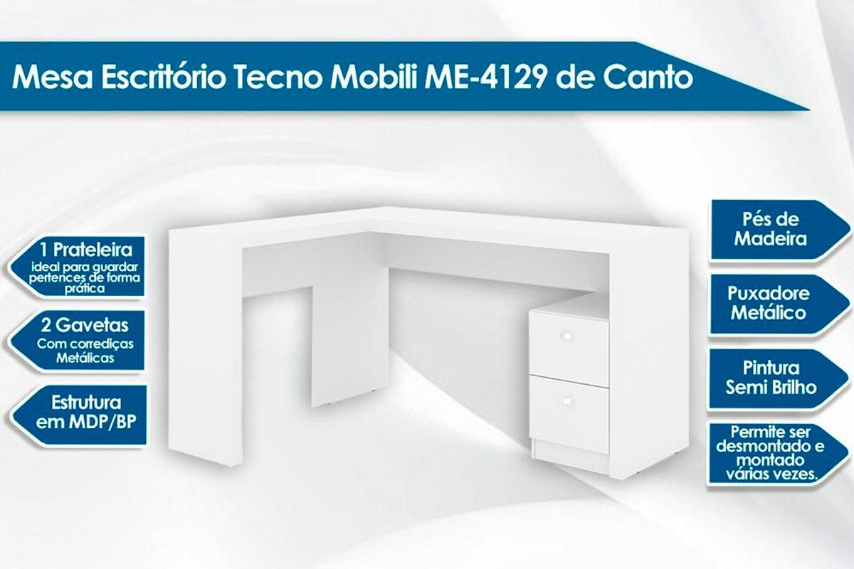 Escritório Completo (1 Mesa de Canto p/ Escritório ME4129 + 1 Balcão ME4103 + 1 Estante ME4104) 3 Peças - Tecno Mobili