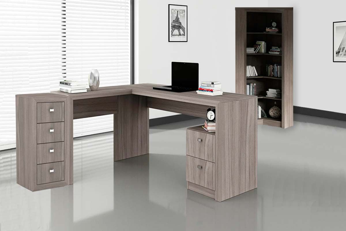 Escritório Completo (1 Mesa de Canto p/ Escritório ME4129 + 1 Estante ME4132 + 1 Gaveteiro ME4133) 3 Peças - Tecno Mobili